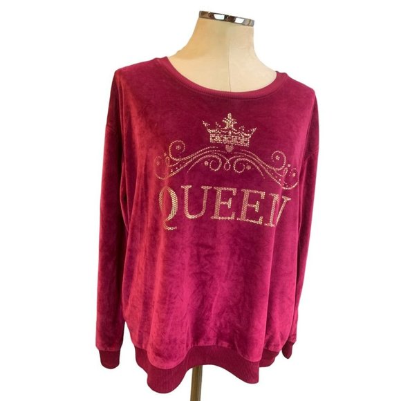Large Place Women's "Queen" Raspberry Velour Pullover Shirt - Picture 3 of 7